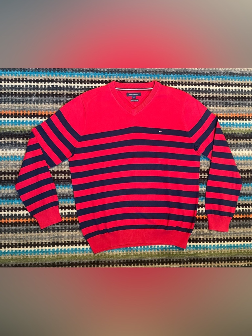 Tommy Hilfiger Mens Red Blue Striped V Neck Cotton Sweater Size L